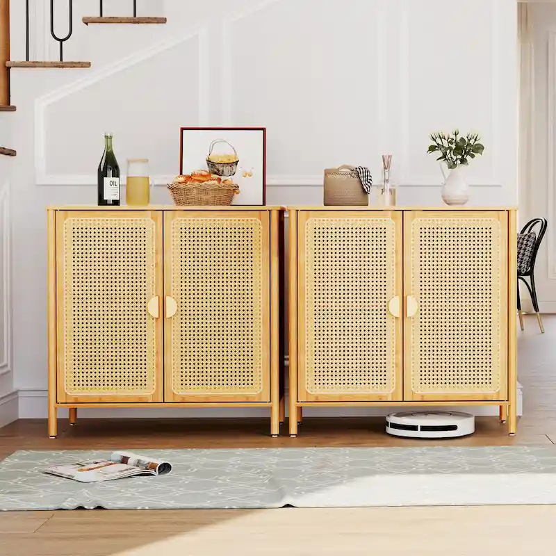 Boho Farmhouse Accent Sideboard Buffet Kitchen Storage Cabinet with Doors