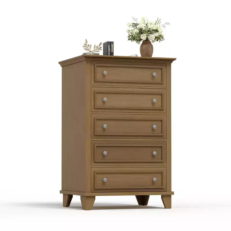 48'' Tall 5 Drawer Dresser, Brown Wood Dresser with Deep Drawers & Metal Handles for Bedroom Living Room