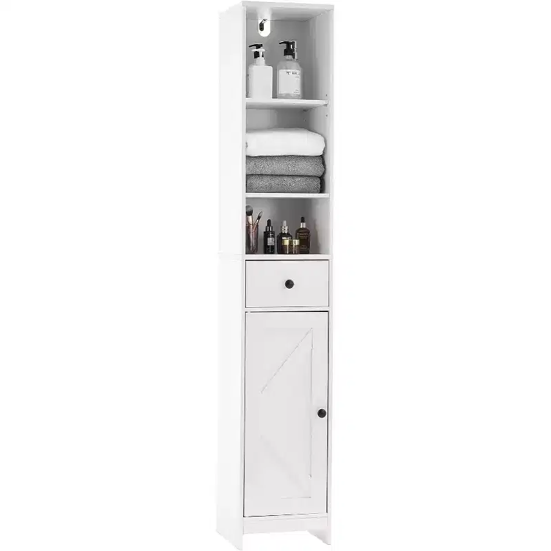 Slim 66.9 Tall Bathroom Cabinet with 3 Open Shelves. Water-Resistant, Freestanding & Space-Saving for Bathroom, Kitchen, or Hallway (White)