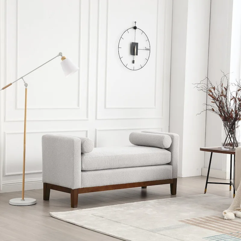 53.5W Elegant Boucle Upholstered Bench, Ottoman with Wood Legs & Bolster Pillows