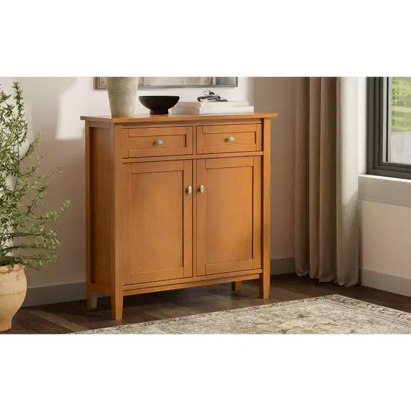 Norfolk 36 inch Wide Solid Wood Transitional Entryway Storage Cabinet in Light Golden Brown