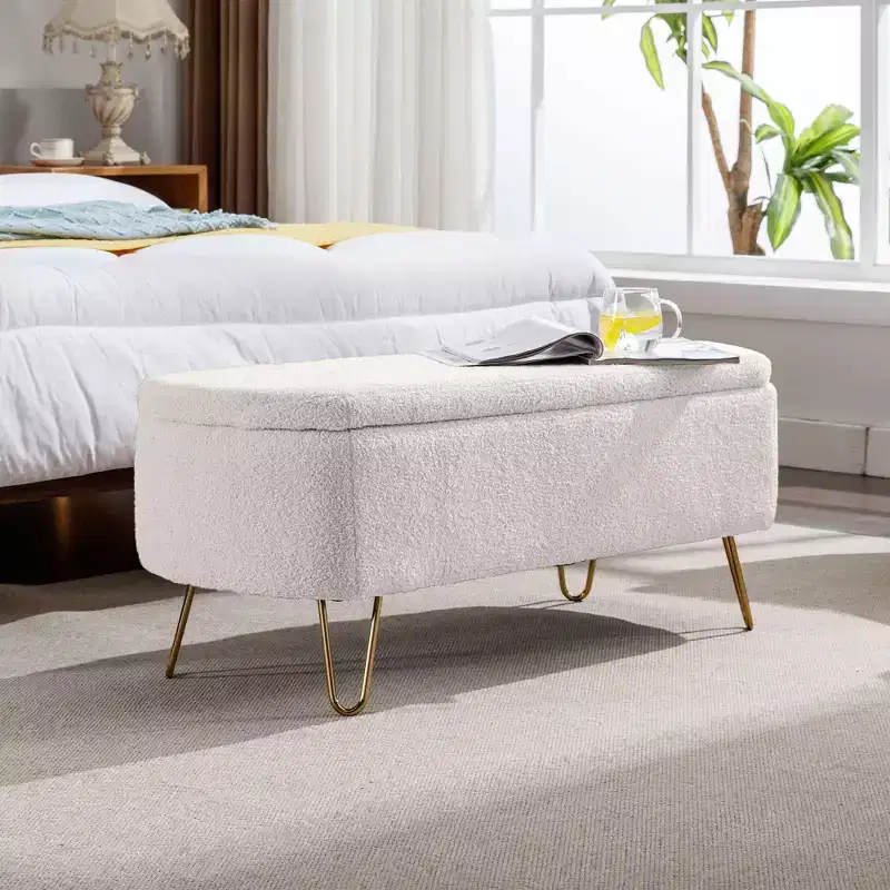 Faux Fur Storage Ottoman Bench 15.5''H x 39.37''W x 15.75''D