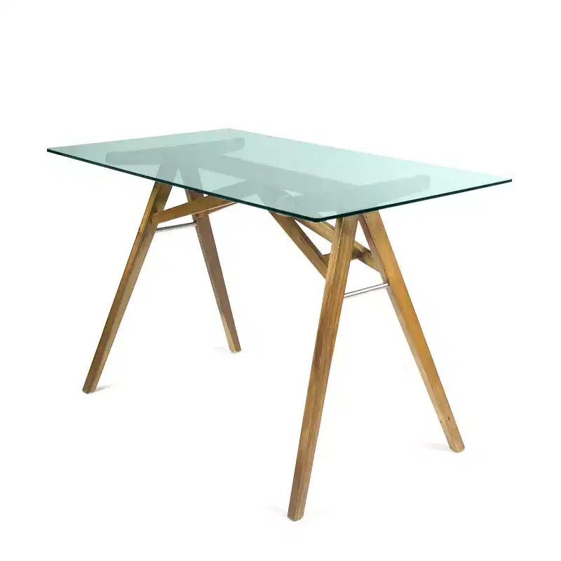 Mid-Century Modern Glass Top Acacia Wood Desk, Natural/Green
