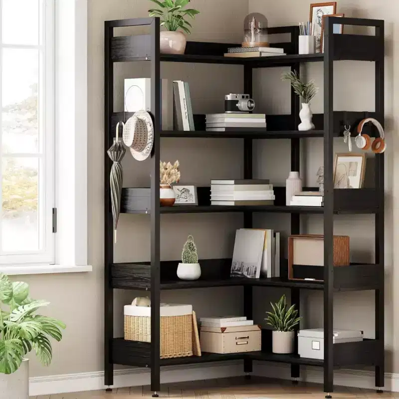 5-Tier Corner Bookshelf with Hooks,Wooden Bookcase with Open Shelves and Metal Frame for Home Office