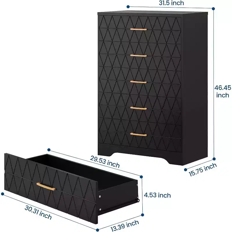 5 Drawer Tall Wood Dresser for Bedroom, Wooden Chest of Drawers with Gold Handles for Closet, Storage Cabinet and Organizer Drawers for Living Room