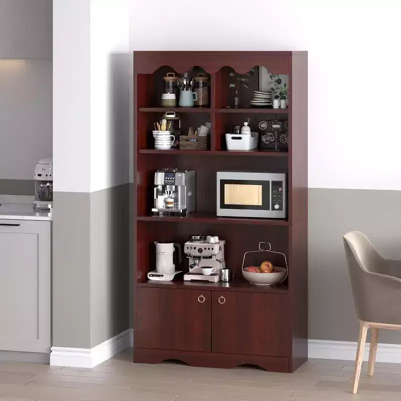 5 Tier Wooden Floor Standing Bookcase, 63 Inch High Display Storage Cabinet, Self Standing Bookcase, Home Office, Study Room, Kitchen
