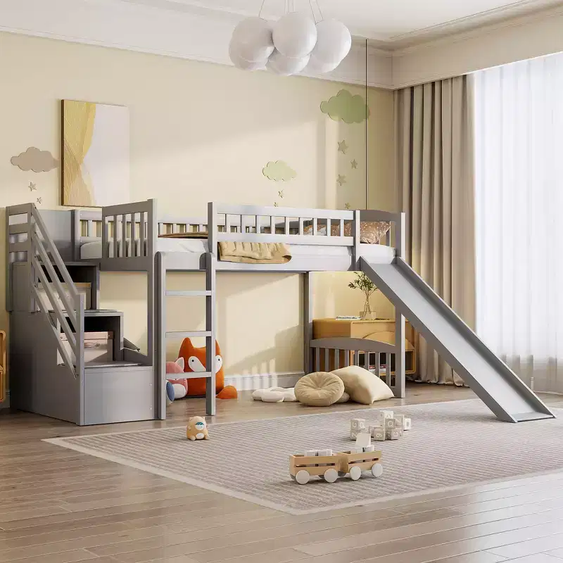 Twin Size Stairway Loft Bed Frame with Slide, Wood Kids Low Loft Bed Frame with Drawers