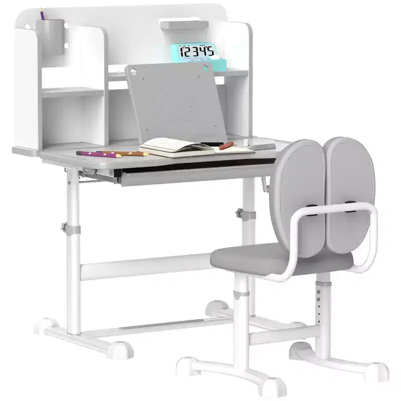 Qaba Kids Desk and Chair Set, Height Adjustable Kids School Study Desk and Chair Set with Tilt Desktop, Storage Drawer and Reading Rack, Gray