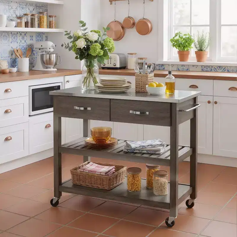 42 Rolling Kitchen Cart with Stainless Steel Top Solid Wood Kitchen Island Trolley with 2 Drawers 3-Tier Storage Lockable Wheels Mobile Prep Table