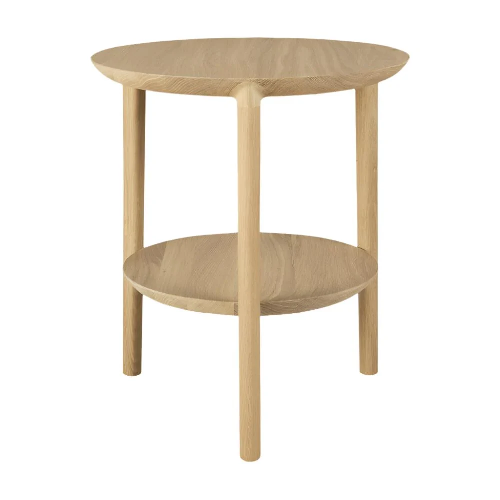Contemporary Oak Wood Side Table with Round Top & Display Shelf for Living Room