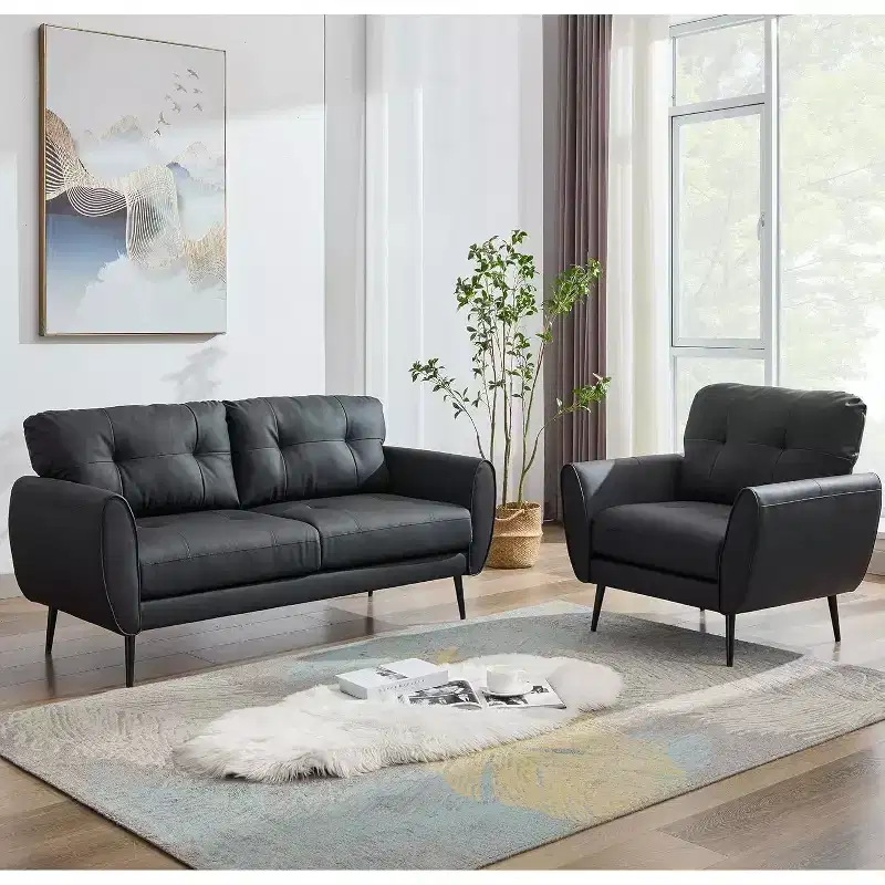 TYBOATLE 61 Mid-Century Modern Tufted Loveseat/L-Shaped Sofa & Chair, Faux Leather Living Room Luxury Sofa Set, for Living Room, Bedroom or Office