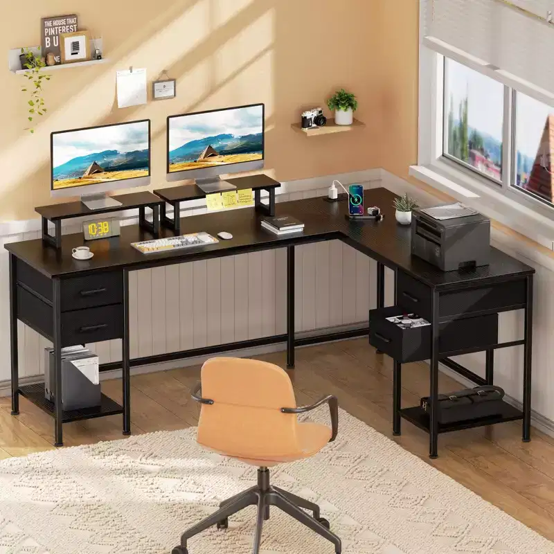 66 Inch Black L Shaped Computer Desk with Charging Station 94.4 Inch Long Two Person Gaming Desk 4 Drawers 2 Monitor Stands Home Office Storage
