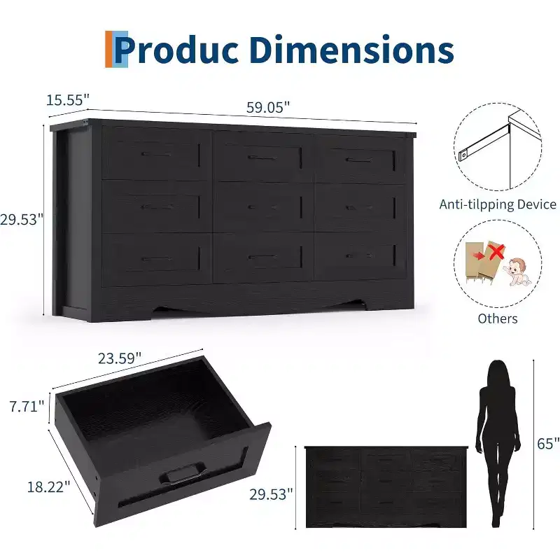 9 Drawer Dresser for Bedroom, 59 Farmhouse Wooden Tall Chest of Drawers, Modern Long Dresser, Wood Storage Cabinet with Handles for Living Room