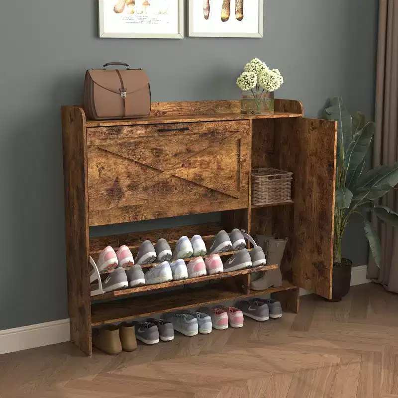 Okak Shoe Cabinet, Freestanding Shoe Organizer with 2 Flip Drawers, Shoe Storage Cabinet for Entryway, Living Room, Hallway, Brown