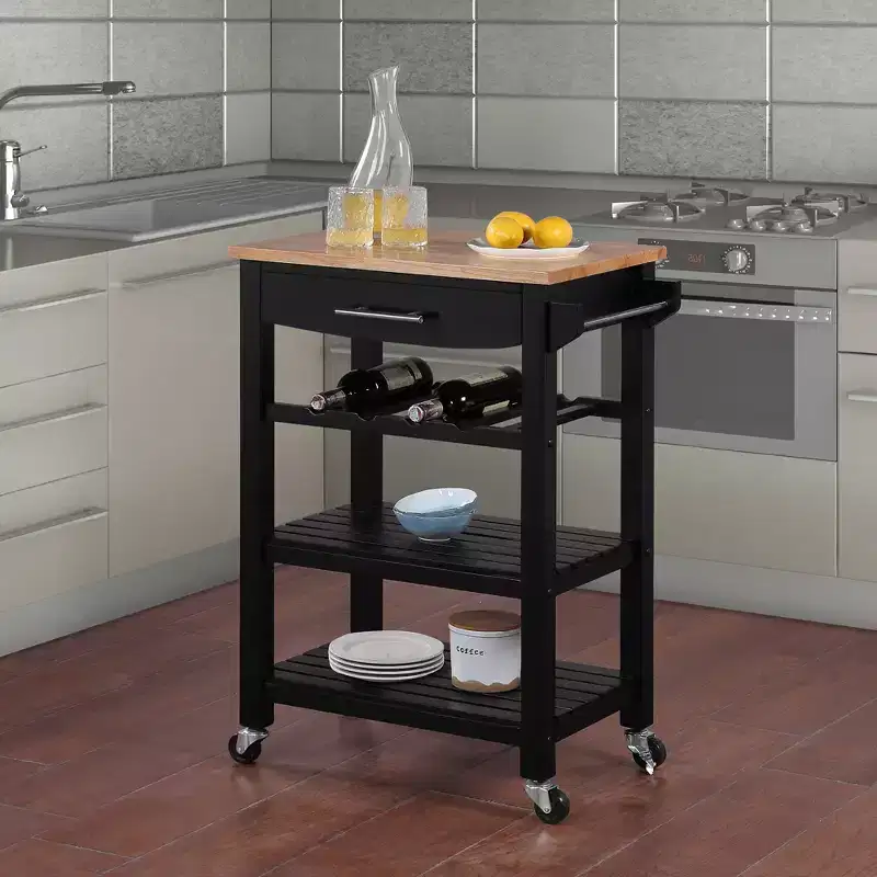 4-Tier Butcher Block Kitchen Cart with Drawer and Wine Rack