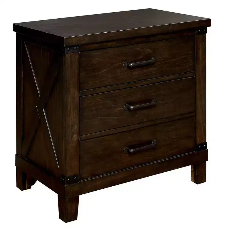 3 Drawer Nightstand with Metal Handle And Crossed Planked Side Panels, Brown