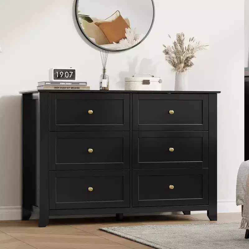 Black 6 Drawer Dresser for Bedroom, Large Dresser with Deep Drawers & Metal Knobs, Modern Wooden Chests of Drawers for Entryway, Hallway
