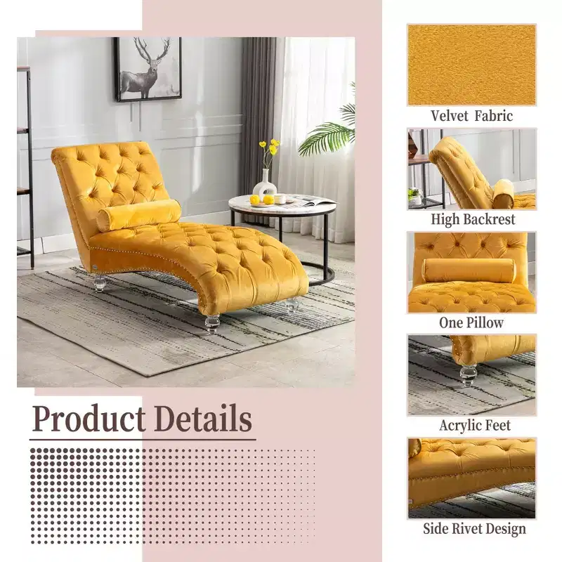 Velvet Chaise Lounge Indoor,Button-Tufted Upholstered Chaise Lounge Chair with Pillow for Bedroom