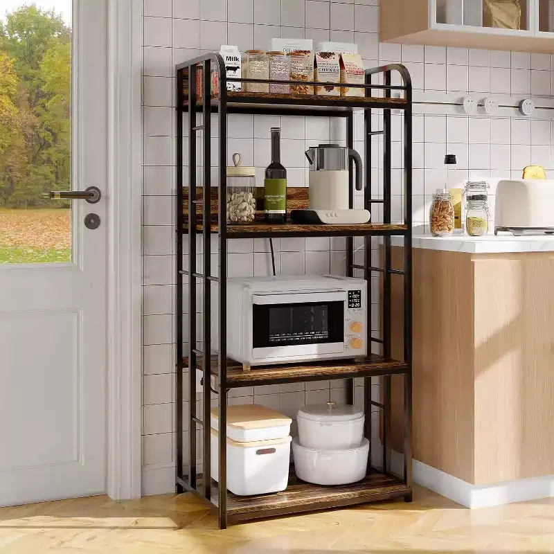4-Tier Bakers Rack for Kitchen with Storage, Industrial Microwave Stand Shelf, Coffee Bar for Small Spaces, Free Standing Kitchen Storage Shelf Rack