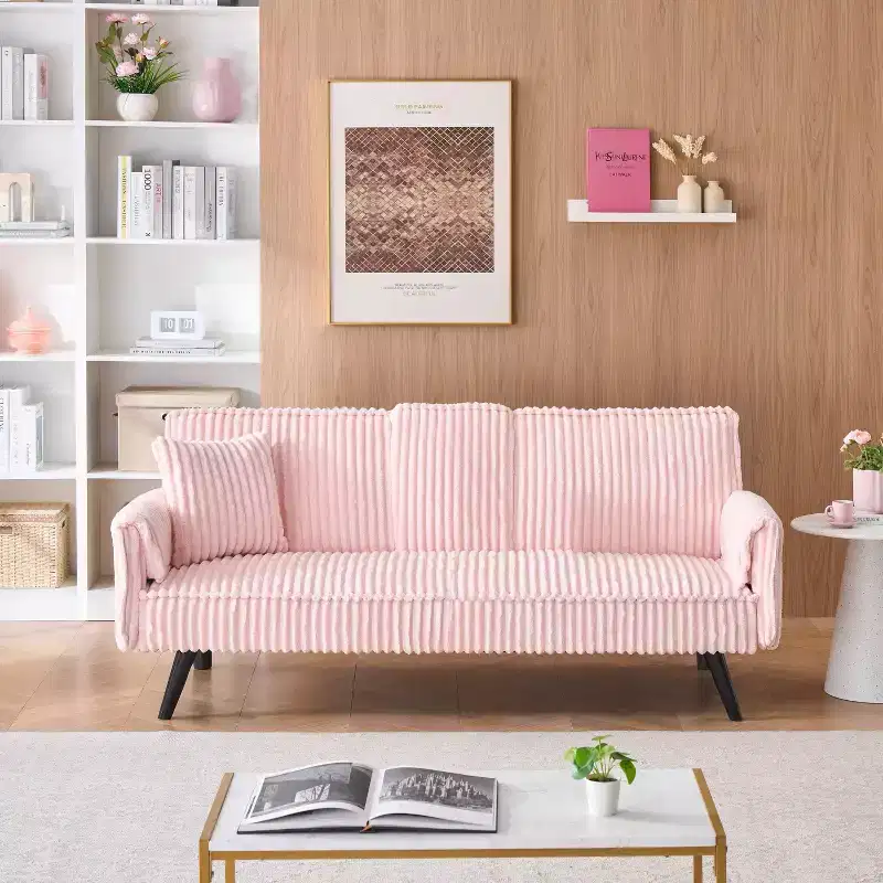 Minimalist Sofa Couches for Living Room Convertible Loveseat Sofa Bed Straight-line Corduroy with Adjustable Backrest & Cup Holder