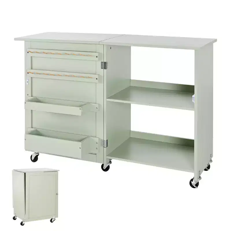 Folding Sewing Table, Multipurpose Sewing Machine Table with Wheels, Wooden Pegs, Storage Trays and Shelf, Light Green