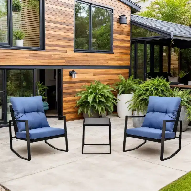 Whisen 3-Piece Outdoor Patio Bistro Rocking Chair, Garden Rocking Conversation Set with Cushion and 1 Table - Blue
