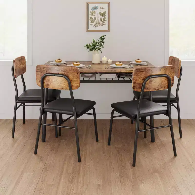 Modern Dining Table Set for 4, 5-Piece Kitchen Table Set with Metal Frame, 4 Padded Chairs & Storage Rack for Small Space, Apartment
