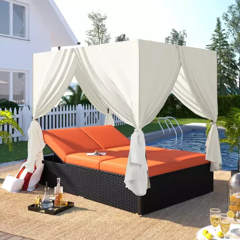 Whisen Patio Wicker Sunbed Daybed with Cushions & Adjustable Seats