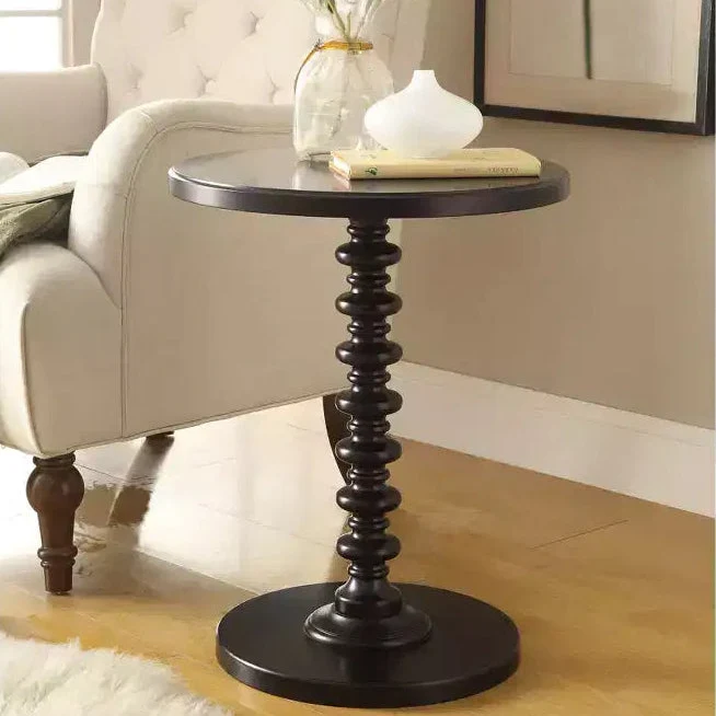 Round Single Pedestal End Table, Black Antique Finish, Beveled Edges, 22