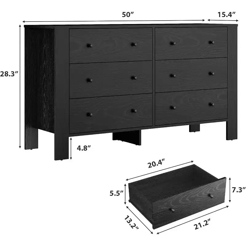 6 Drawer Dresser for Bedroom, Modern Wide Dresser Organizer with Storage Drawers, Wooden Chests of Drawers for Living room, Entryway, Home Office