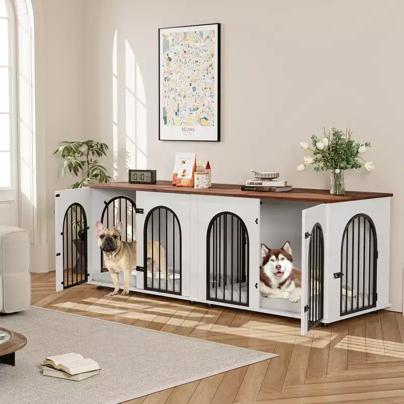 71 Dog Crate Furniture - Dual Kennel with Divider, Wooden Dog House & TV Stand for Large Dogs