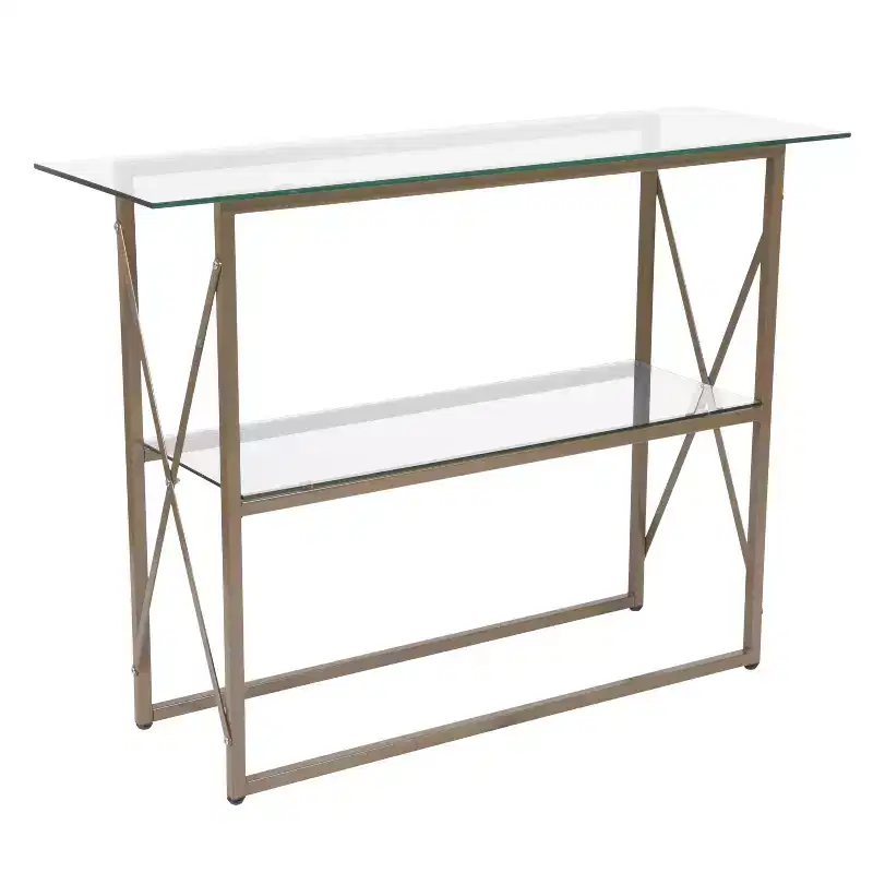 Modern Clear Glass Console Table — Gold Crisscross Frame, 2 Tempered Glass Shelves