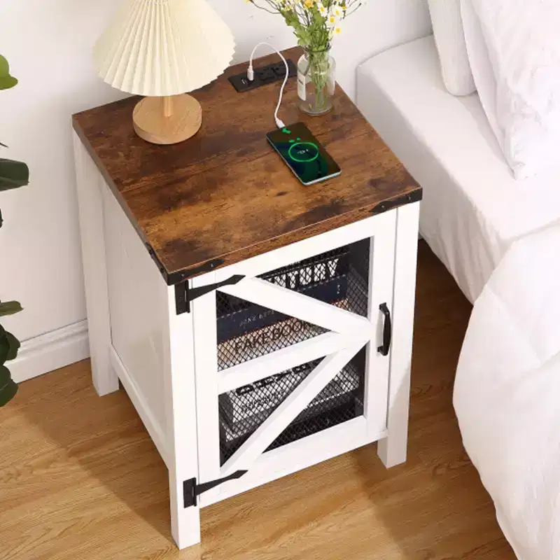 Farmhouse Nightstand with Charging Station, Wood Side Table, End Table with Adjustable Shelf, Rustic Bedside Cabinet with Mesh Barn Door