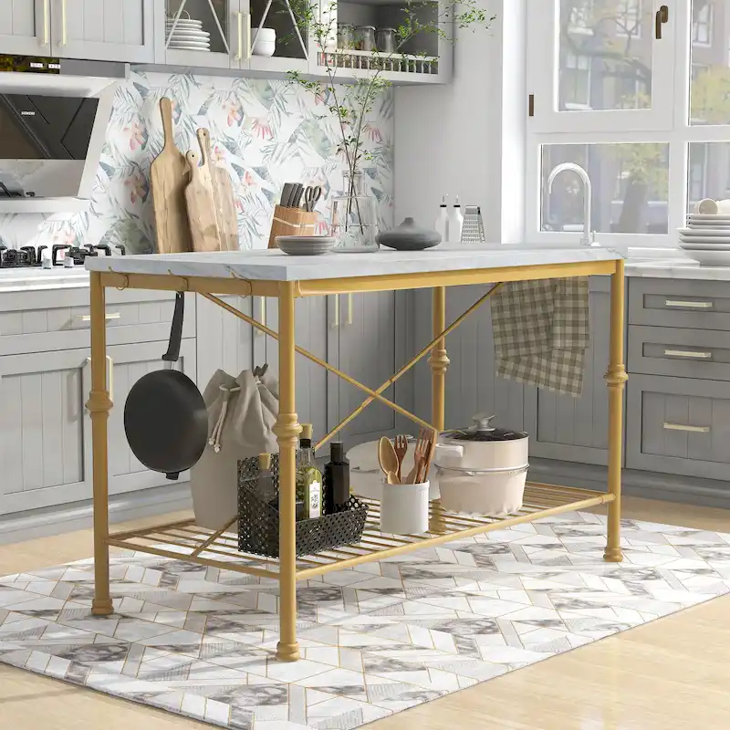 58-Inch Wide Marble Top Kitchen Island, White & Gold Finish, Contemporary Style, Storage Cabinet