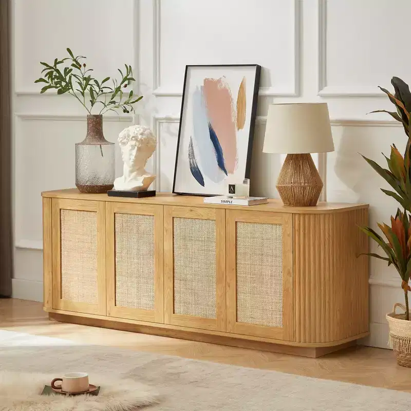 24/31.5H Wave Shaped Buffet Sideboard, TV Stand, Rounded Corner Cabinet with Wood Vertical Striped Rattan Doors, Natural - ModernLuxe