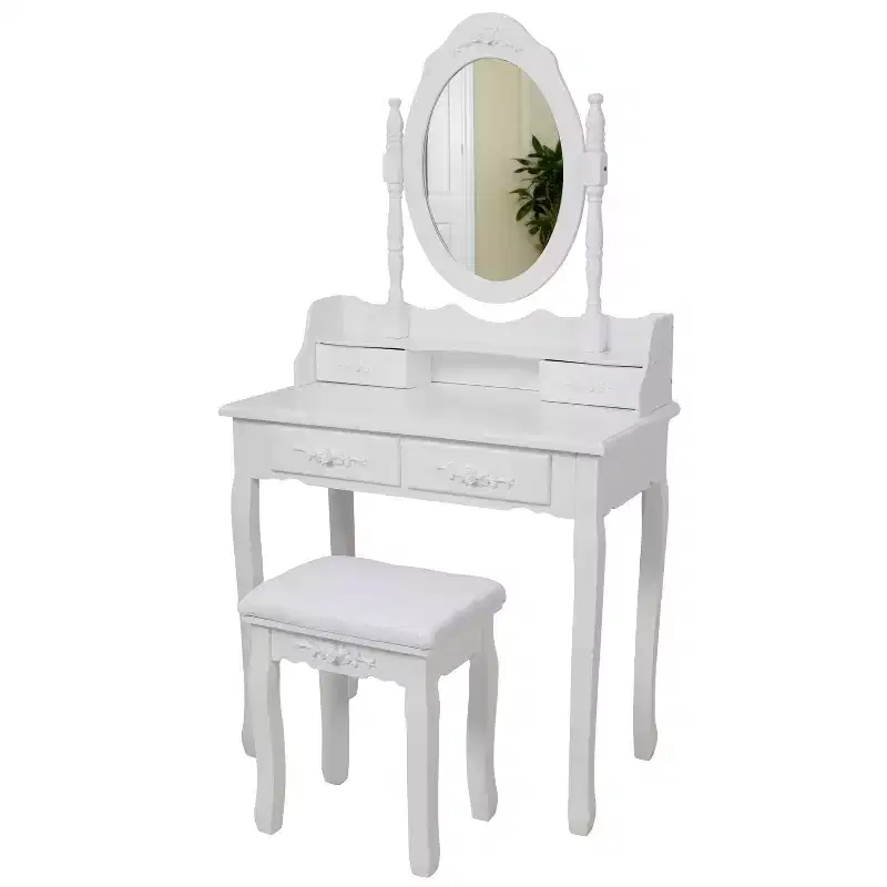 Modern Makeup Vanity Desk with Mirror, 4 Drawers, Matching Stool for Girls' Rooms, White Finish, Space-Saving Design