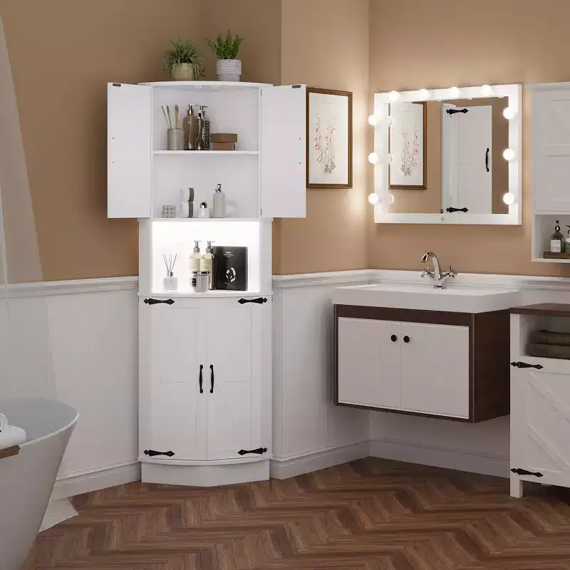 COZONY 65 Farmhouse Corner Cabinet with Barn Doors, 5-Tier Freestanding Corner Storage Cabinet for Kitchen, Bathroom or Living Room