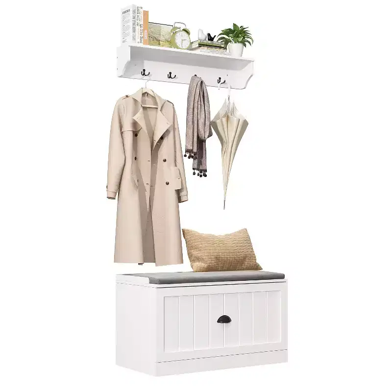 Famapy White Coat Rack Shoe Bench Set Wall Mount Hall Tree