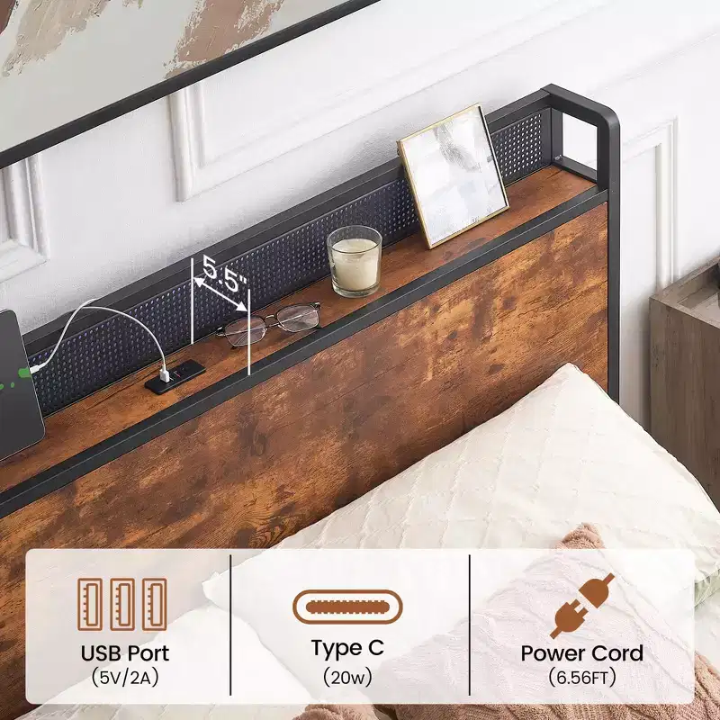 Bed Frame with Storage Headboard and 4 Drawers, Platform Bed Frame with Charging Station and LED Lights, Metal Support/No Box Spring Needed