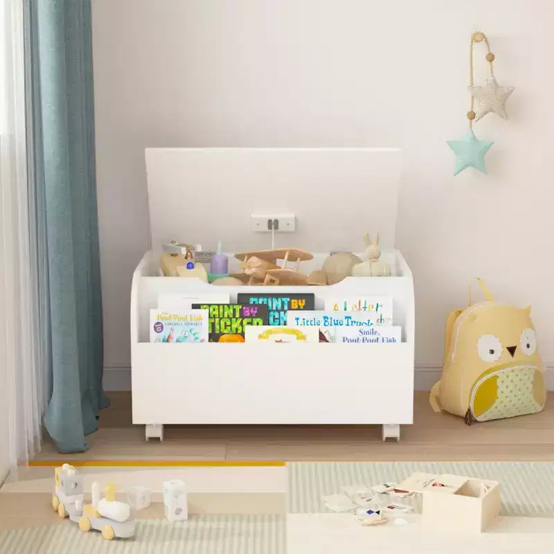 Wooden Toy Storage Bench with 4 Swivel Casters, Featuring Front Shelf, Flip-Top Lid, and Safety Hinges. Suitable for Playroom Organization
