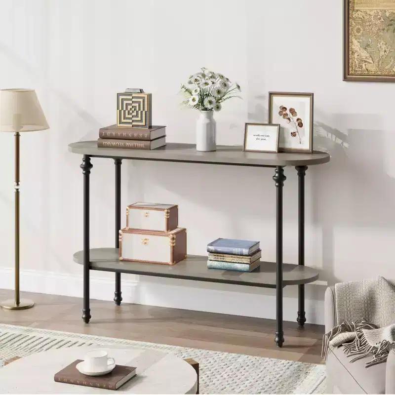Narrow 2-Tier Industrial Entryway Console Table with Storage Shelf, Thin Behind Couch Sofa Table, Farmhouse Style