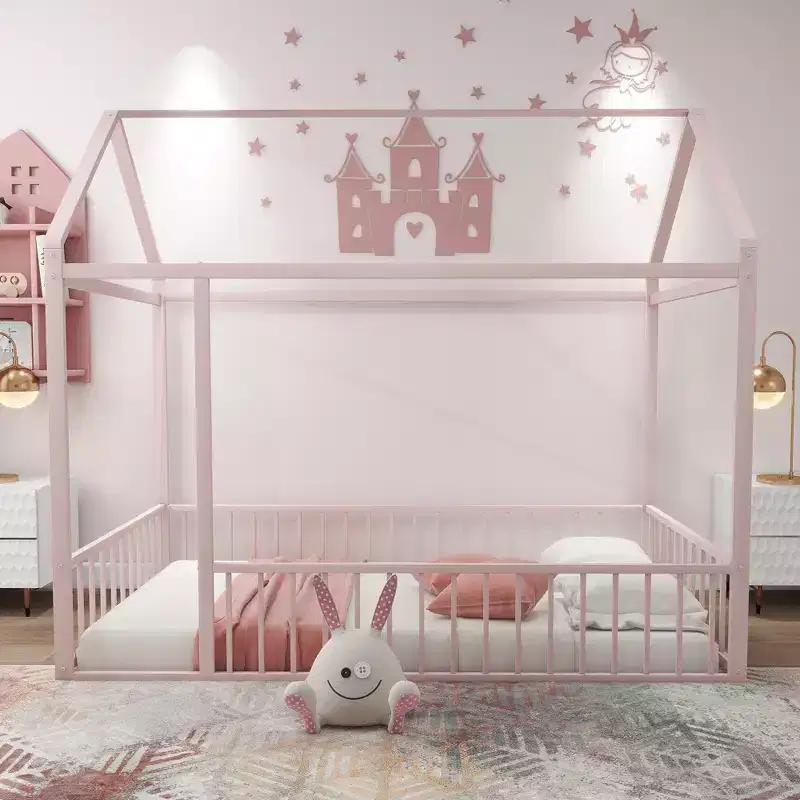 Twin Metal House Bed Frame with Fence, Low Profile Kids & Teen Bed Frame
