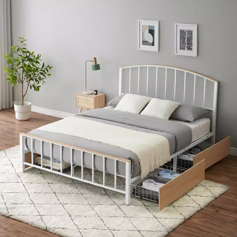 Triangle Plate Bed, Heavy-duty Steel Slats Support, 4 Drawers with 6 cu ft Storage, Anti-scratch & Noise-free Design