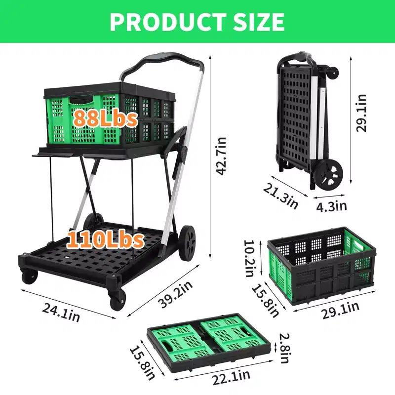 Collapsible Shopping Cart with 1 Storage Crate, Foldable Grocery Cart On Wheels