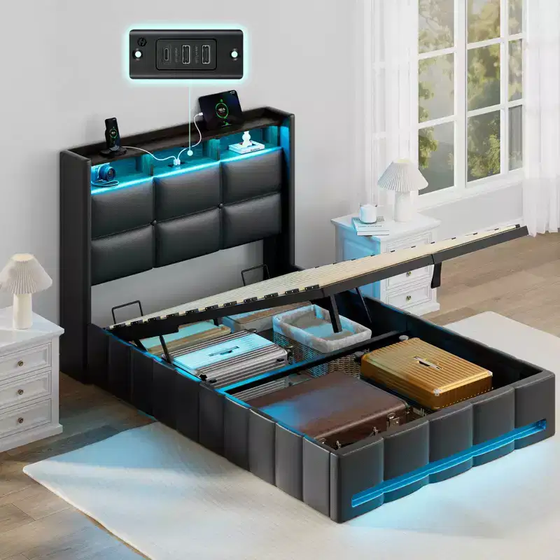 Greenstell Upholstered Lift Storage Bed with LED Lights & Charging Station, Modern Platform Bed, Heavy Duty Wooden Slats