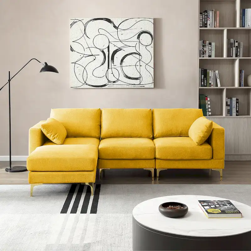 Christopher Knight Home - Beige L-Shape Sectional Sofa with Gold Metal Legs and Ottoman