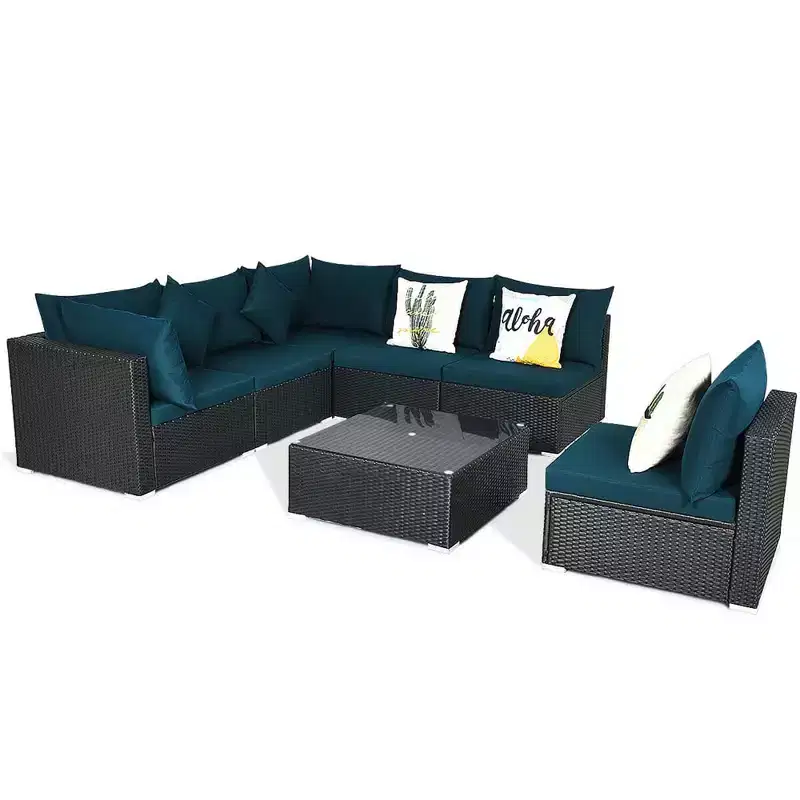 Costway 7PCS Patio Rattan Sofa Set Sectional Conversation Furniture Set Garden Beige/Navy/Gray