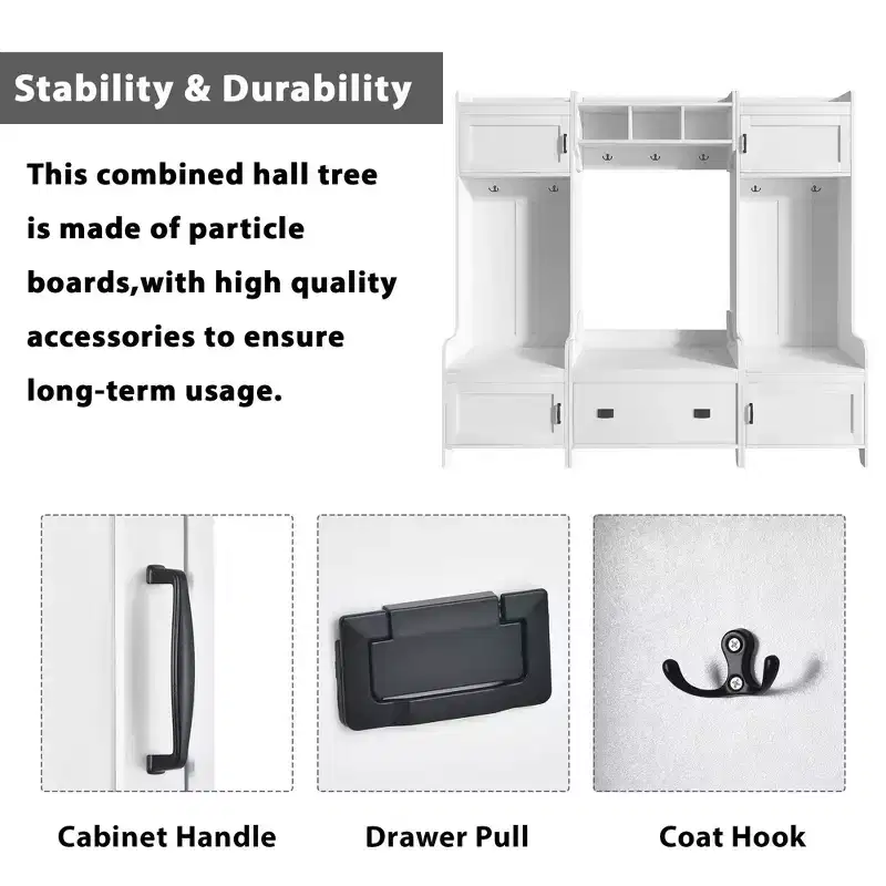 White 4-in-1 Multiple Functions Hallway Coat Rack with Seven Metal Black Hooks Entryway Bench Hall Tree with Ample Storage Drawer
