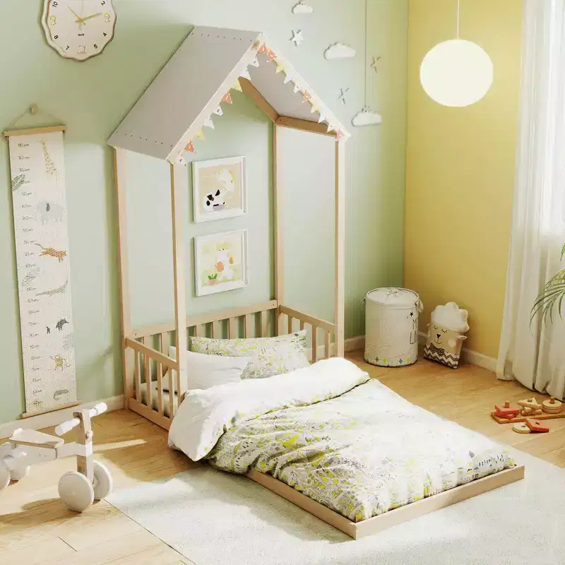 Twin Size House Bed Montessori Floor Bed with House Shape Roof & Semi-Fence, Natural/White/Gray