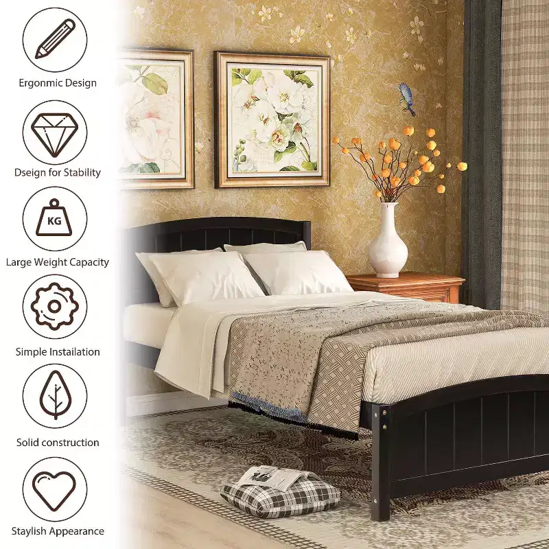 Twin Size Wood Platform Bed with Headboard Footboard and Wood Slat Support Espresso